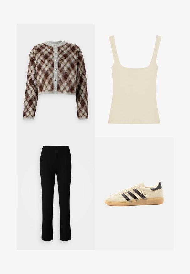 Forkortet cardigan i et brunt, gråt og beige diamantmønster. Har en rund halsudskæring og fem sølvfarvede knapper foran.; Ribbet tanktop i lys beige med firkantet halsudskæring og tynde skulderstropper, lavet af blødt og strækbart stof.; Sorte ribbede strikkede bukser med en elastisk talje, der har en tætsiddende silhuet, lige ben og en subtil tekstur.; Kremfarvet ruskindssneaker med sorte striber, gummisål, sort hælstrop og gyldent "SPEZIAL"-tekst på siden.