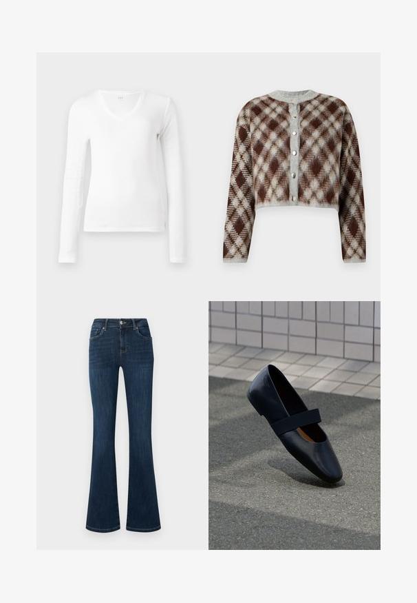 Cardigan court avec un motif en losanges marron, gris et beige. Doté d'un col rond et de cinq boutons en métal argenté sur le devant.; Chemise blanche à manches longues, col en V, ajustée, présentée à plat sur un fond blanc.; Jean en denim bleu foncé avec une taille mi-haute, style cinq poches et jambes évasées, présenté à plat sur un fond blanc.; Chaussure plate en cuir noir avec un bout arrondi, dotée d'une douce sangle élastique noire sur le cou-de-pied. Texture lisse et design minimaliste.