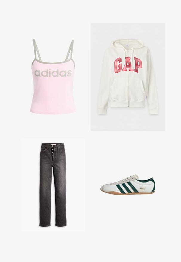 Valge lukuga dressipluus punase ruudulise GAP logoga rinnal, esitaskudega ja nööriga kapuutsiga.; Hele roosa tank top hallide ääred ja reguleeritavad spagett-rihmad, millel on suur keskel hall "adidas" logo. Puuvillane materjal.; Musthave musta kõrge vöökohtadega teksad sirge säärega, valmistatud denimist. Omab nööpvidinat, vasevärvi aksessuaare ja kontrastset õmblust.; Valged tossud roheliste triipudega, sametist ja sünteetilisest materjalist ülemine osa, kummist talla, ümar varvas ja "adidas TOKYO" logo detail.