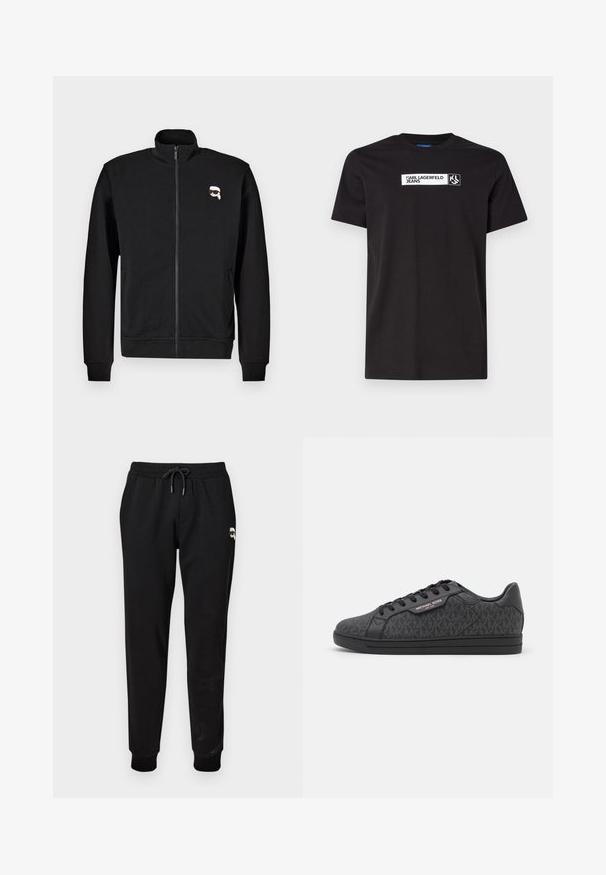 Sort zip-up sweatshirt lavet af en bomuldsblanding, med en stående krave og ribbede manchetter, samt et lille tegneserieansigt logo på venstre bryst.; Sort bomulds T-shirt med korte ærmer, der har en hvid tekstgrafik med påskriften "KARL LAGERFELD JEANS" og et logo, rund halsudskæring.; Sorte sweatpants med elastisk talje og justerbar snor. Har ribbede manchetter og en lille grafikdetalje på den øverste del af benet.; Sorte sneakers med en tekstureret stofoverdel med et subtilt MK-mønster, sorte læderdetaljer og en sort gummisål.