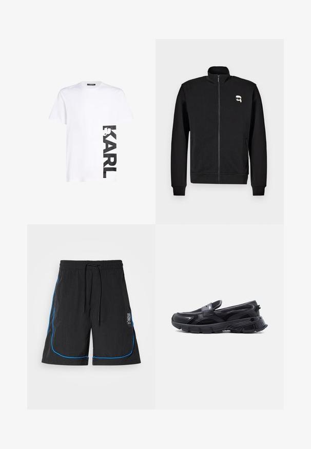 Schwarze Zip-up-Sweatjacke aus Baumwollmischung mit Stehkragen und gerippten Bündchen, mit einem kleinen Cartoon-Gesicht-Logo auf der linken Brust.; Weißes Baumwoll-T-Shirt mit großem schwarzem "KARL"-Logo auf der linken Seite, kurzen Ärmeln und klassischem Rundhalsausschnitt.; Schwarze Badeshorts mit einem Kordelzugbund, die blaue Paspeln entlang der Nähte und ein Logo am linken Oberschenkel aufweisen. Leichtes Material.; Schwarzer Slip-On-Sneaker mit dicker, strukturierter Sohle und Mesh-Einsätzen, entworfen für Freizeit- und Sportkleidung.