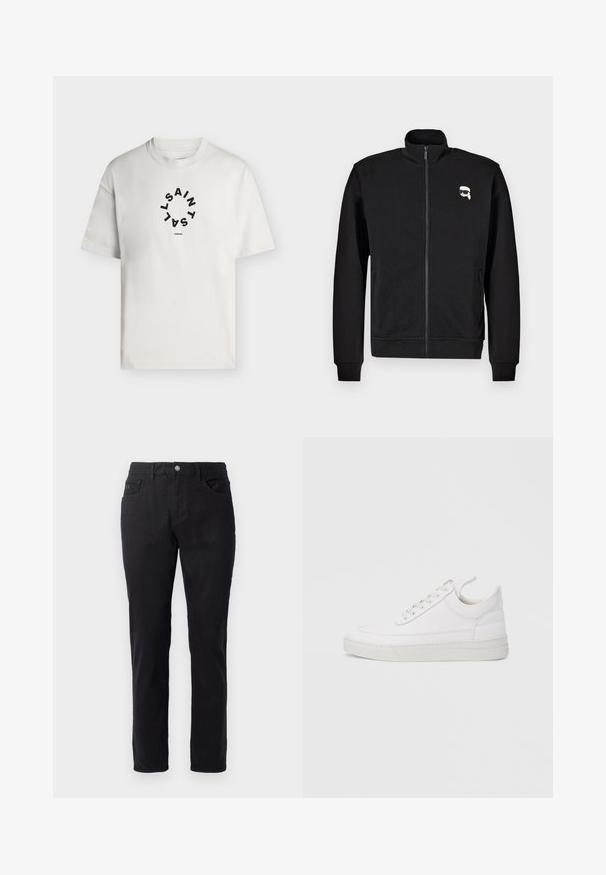 Sort zip-up sweatshirt lavet af en bomuldsblanding, med en stående krave og ribbede manchetter, samt et lille tegneserieansigt logo på venstre bryst.; Hvid T-shirt med korte ærmer og rund halsudskæring med sort cirkulær tekst, der staver "SAINT LAINT" og "LONDON" under cirklen.; Sorte bomuldsbukser med lige ben design, med knaplukning, to frontlommer og en glat overflade.; Hvid lædersneaker med rundet tå, flad sål og snørebånd foran. Har syningsdetaljer og polstret krave for komfort.