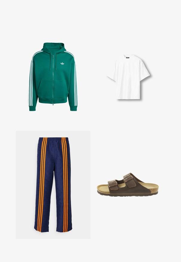 adidas Originals SPACER - Vetoketjullinen college - collegiate green; Valkoinen lyhythihainen pyöreäkauluksinen T-paita, jonka kauluksen sisäpuolella on musta merkki, valkoisella taustalla esitettynä.; Laivastonsiniset housut, joissa on kauttaaltaan kuvioitu pinta ja kolme vahvaa oranssia raitaa kummallakin sivulla. Vyötäröllä joustava nauha.; Ruske nahkaste slide sandale s dvema prilagodljivima zaponkama, korkovim vložkom in teksturirano gumijasto podplatom. Na strani je vidna oznaka blagovne znamke.