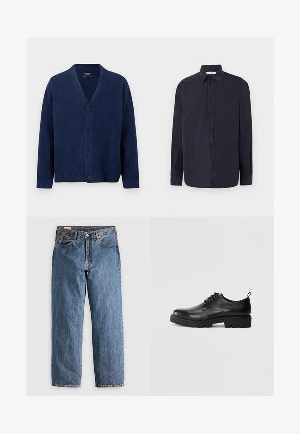 Marineblauer Wollstrickcardigan mit V-Ausschnitt, langen Ärmeln, gerippten Bündchen und Saum sowie vier schwarzen Knöpfen vorne.; Samsøe Samsøe RYAN SHIRT - Hemd - salute; Blaue Jeans aus Denim mit geradem Schnitt, hohem Bund, kupfernen Nieten und orangefarbener Naht. Mit Vorder- und Hintertaschen.; Schwarze Lederschuhe mit runder Zehenform, ausgestattet mit einer Schnürung, robustem schwarzen Gummisohle und einer kleinen Fersenschlaufe auf der Rückseite.