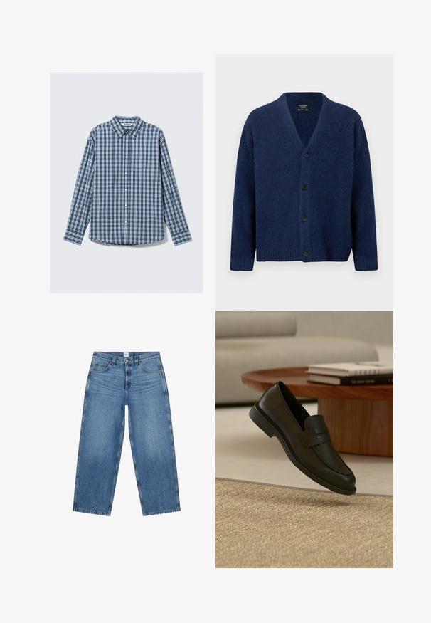 Cardigan en laine bleu marine avec col en V, manches longues, poignets et ourlet côtelés, et quatre boutons noirs sur le devant.; Chemise à manches longues à carreaux bleus et blancs avec col, boutonnage et manches à poignets. Tissu en coton avec une texture lisse.; Jean en denim bleu taille haute à jambes droites avec poches avant, passants pour ceinture, et fermeture par bouton et zip.; Chaussure mocassin en cuir noir présentée en suspension au-dessus d'un tapis beige tissé, avec une table en bois et des livres empilés dans un salon doucement éclairé.
