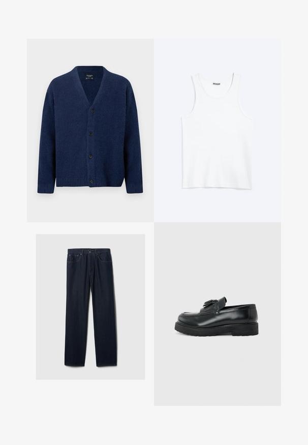 Marineblå uldcardigan med V-hals, lange ærmer, ribstrikkede manchetter og kant samt fire sorte knapper foran.; Hvid ærmeløs tanktop med rund halsudskæring og Weekday-mærke på den indvendige baghals, vist fladt på lys baggrund.; Mørkeblå lige ben denim jeans med fem lommer, knaplukning og synlig syning på en ensfarvet lys baggrund.; Sort læderloafer med kvaster, tyk gummisål og lav hæl, vist i sideprofil på en ensfarvet baggrund.