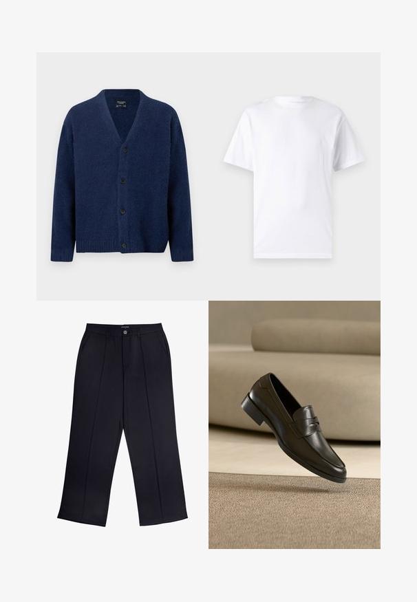Marineblå uldcardigan med V-hals, lange ærmer, ribstrikkede manchetter og kant samt fire sorte knapper foran.; Hvid kortærmet t-shirt lavet af bomuld med rund hals, der har en glat tekstur og et simpelt design uden mønstre eller accenter.; Sorte viddebukser lavet af glat stof med lynlås og knaplukning samt forlommer. Bemærkelsesværdige folder ned ad hvert ben.; Sort lædersko med slip-on design, svævende over beige tæppe med beige sofa i baggrunden, der fremhæver klassisk herrestil.