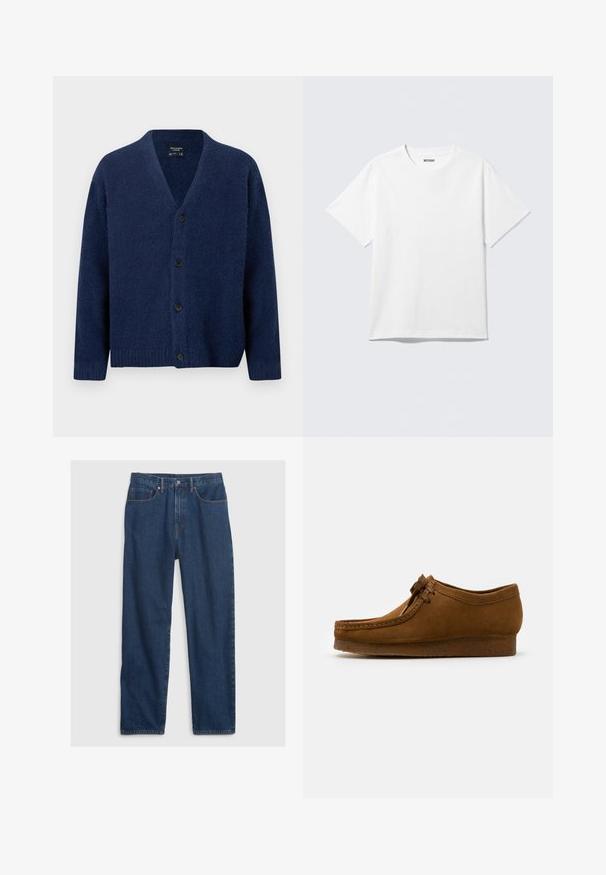 Marineblauer Wollstrickcardigan mit V-Ausschnitt, langen Ärmeln, gerippten Bündchen und Saum sowie vier schwarzen Knöpfen vorne.; Weißes T-Shirt mit kurzen Ärmeln und Rundhalsausschnitt, flach liegend, schlichtes Design, mit „WEEKDAY“-Etikett innen im Kragen auf hellem Hintergrund.; Dunkelblaue Jeans aus Denim im geraden Schnitt, mit Fünf-Taschen-Design, Knopfverschluss und Kupfernieten.; Braune Wildlederschuhe mit runder Spitze und niedrigem Absatz, mit detaillierten Nähten entlang der Nähte und einer Schnürung auf der Vorderseite. Weiche Textur mit schlankem Design.