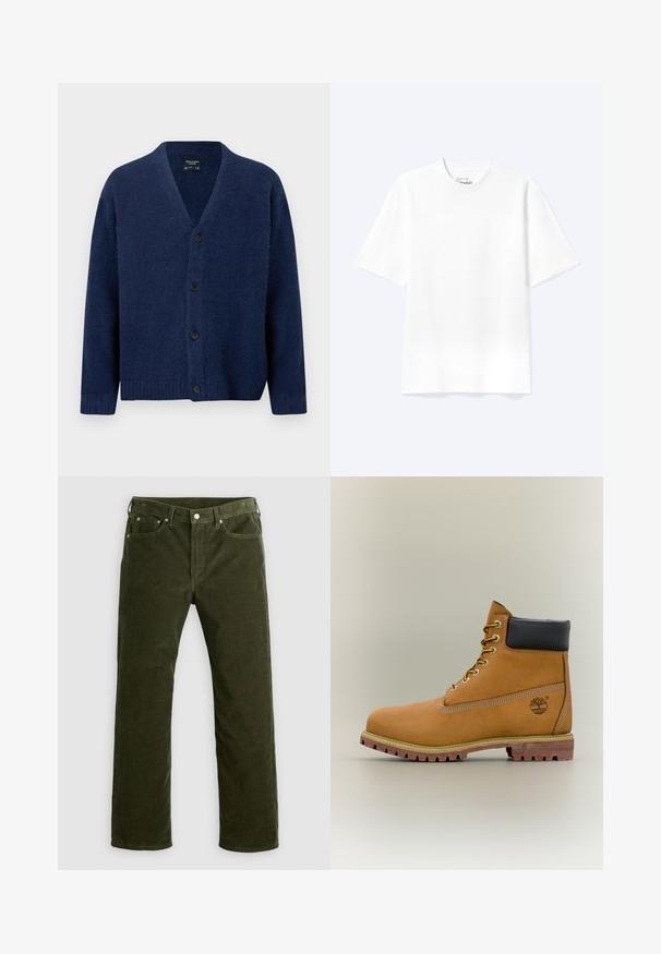 Marineblauer Wollstrickcardigan mit V-Ausschnitt, langen Ärmeln, gerippten Bündchen und Saum sowie vier schwarzen Knöpfen vorne.; Schlichtes weißes T-Shirt mit kurzen Ärmeln und Rundhalsausschnitt in entspannter Passform, auf hellem Hintergrund dargestellt.; Olivgrüne Kordhosen mit geradem Schnitt, vorderem Knopf, Reißverschluss, Gürtelschlaufen und fünf Taschen auf einem weißen Hintergrund.; Brauner Leder-Stiefelette mit schwarzem Kragen, gelben Schnürsenkeln und hellbrauner Sohle. Verfügt über ein Logo und weiße Ziernähe. Robuste Profilsohle.
