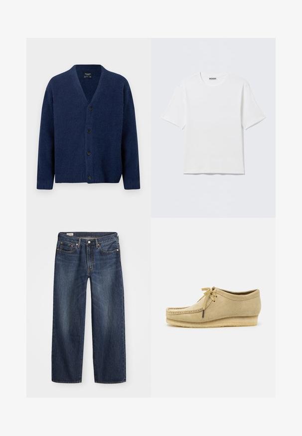 Cardigan en laine bleu marine avec col en V, manches longues, poignets et ourlet côtelés, et quatre boutons noirs sur le devant.; T-shirt blanc uni à manches courtes et col rond, avec une petite étiquette "WEEKDAY" à l'intérieur du col arrière, présenté à plat.; Jean en denim bleu foncé avec une coupe droite, design à cinq poches, bouton en métal et fermeture éclair, et motifs de décoloration légère.; Chaussure en daim beige avec un design à lacets, des détails cousus et une semelle en caoutchouc. La forme est décontractée avec un léger talon compensé.
