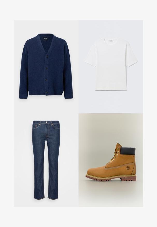 Marineblå uldcardigan med V-hals, lange ærmer, ribstrikkede manchetter og kant samt fire sorte knapper foran.; Hvid, kortærmet t-shirt med rund hals og et lille "WEEKDAY"-mærke på indersiden af bagkraven, vist på en flad overflade.; Mørkeblå lige ben denim jeans med orange søm, fem lommer og en frontknap samt lynlås.; Brun læderankelstøvle med sort krave, gule snørebånd og tanfarvet sål. Har logo og hvide syninger som detalje. Robust ydersål med greb.
