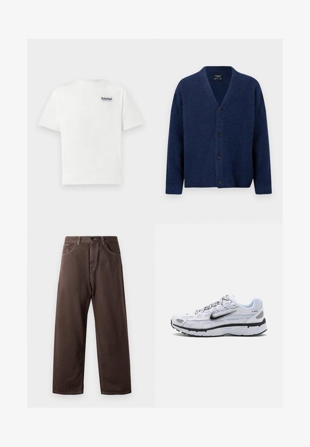 Marineblå uldcardigan med V-hals, lange ærmer, ribstrikkede manchetter og kant samt fire sorte knapper foran.; Hvid bomulds T-shirt med et blåt broderet "Timberland Rugged Active Gear" logo på den øverste venstre bryst. Korte ærmer og rund hals.; Brune vidde bukser lavet af bomuld, med et klassisk fem-lommers design, lynlås i gylpen og synlige syningsdetaljer.; Hvide løbesko med mesh-overdel, rund tå, sorte accenter og mønstret sål. Har snøring og branding på siden.