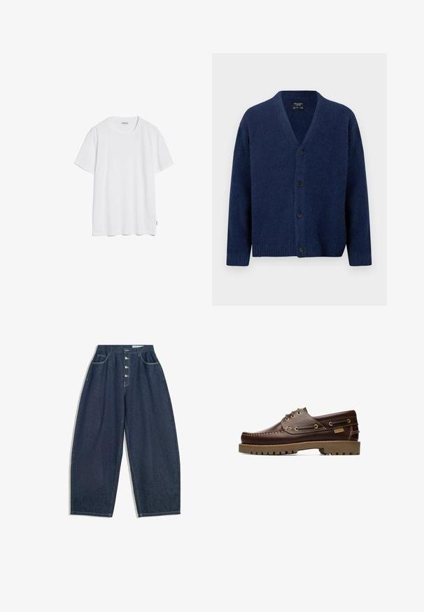 Marineblauwe wollen cardigan met V-hals, lange mouwen, geribbelde manchetten en zoom, en vier zwarte knopen aan de voorkant.; Witte katoenen T-shirt met korte mouwen, een ronde halslijn en een rechte zoom. Geen zichtbare patronen of logo's. Zachte textuur.; Donkerblauwe denim brede broek met een hoge taille, vijfknopen sluiting en vijf zakken. Heeft stiksels op de naden.; Bruine leren veterschoen voor op een boot met gestikte details en een dikke rubberen zool, gezien vanaf de zijkant.