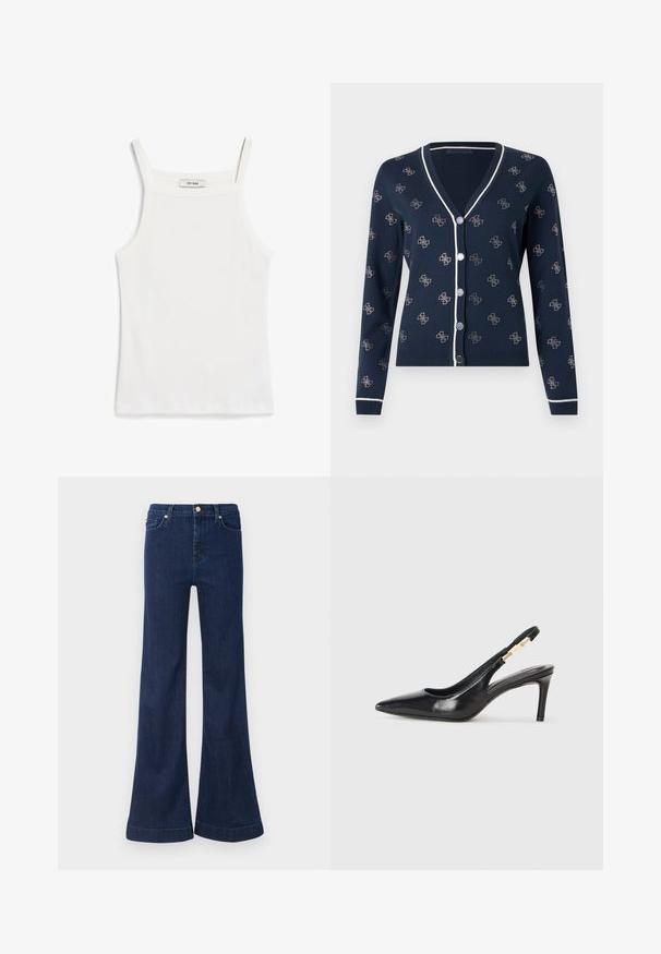Marineblå strikket cardigan med V-hals, knapper foran, hvid kant og et gentaget blomsterprint i lyse farver. Lange ærmer og ribbet kant.; Hvid tank top med tynde stropper, lavet af ribbet bomuldsstof, med en lige halsudskæring og en ren afslutning i kanten.; Mørkeblå flared jeans lavet af denim, med høj talje, diskret slid og guldhardware på frontlommerne og lukningen.; Sort læder slingback højhælede sko med spidse tæer, glat overflade og en smal ankelrem med guldfarvede hardware detaljer.