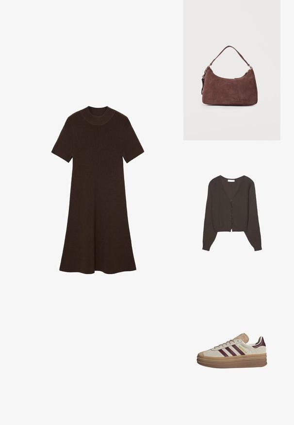 Brun strikket cardigan med V-udskæring og lange ærmer. Foran knaplukning med kontrastfarvede knapper. Kort design og ribstrikkede manchetter.; Brun strikket kjole med korte ærmer, en rund halsudskæring og en svungne silhuet. Struktureret stof med et ribbet mønster hele vejen igennem.; Beige ruskinds sneakers med maroon striber, hvide accenter, en kraftig gennemsigtig sål og forhøjet branding på siden. Snørebåndsdesign.; Brun skuldertaske i ruskind med én hank og lynlåslukning, vist mod en ensartet lys baggrund.