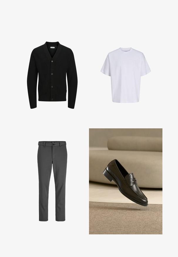Cardigan en tricot noir avec col en V, comportant cinq boutons, texture côtelée et manches longues. Fabriqué en tissu doux pour le confort.; T-shirt blanc uni oversize à manches courtes, col rond et coupe ample sur fond blanc.; Pantalons gris ajustés en tissu lisse, dotés d'une fermeture à bouton et de passants de ceinture, avec une coupe droite et sans motifs visibles.; Mocassin en cuir noir flottant au-dessus d'un tapis beige avec un canapé beige en arrière-plan, mettant en valeur le design classique pour hommes sans lacets.