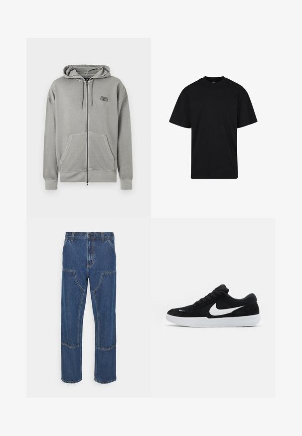 Lysegrå hættetrøje med lynlås, forlommer, snor i hætten og lille sort Converse CONS-logo på venstre bryst.; Sort T-shirt med korte ærmer og rund hals, afslappet pasform, ensfarvet design uden synlige logoer eller mønstre.; Blå denim jeans med lige ben, frontlappelommer og kontrasterende syninger. Stoffet har en klassisk tekstur og finish.; Sorte ruskindssneakers med hvide accenter, der har en rund tå, tyk hvid sål og sorte snørebånd. Fremtrædende hvidt Nike-logo på siden.