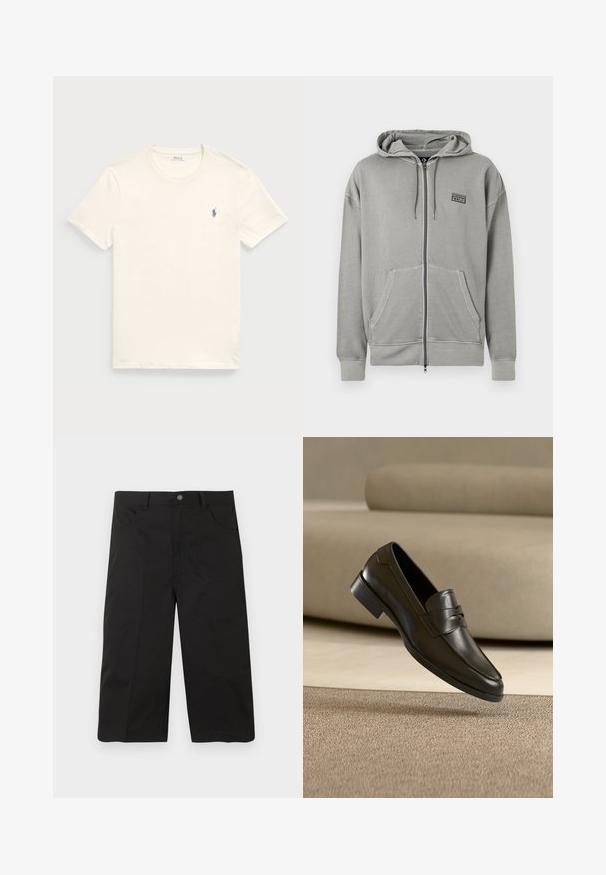 Lysegrå hættetrøje med lynlås, forlommer, snor i hætten og lille sort Converse CONS-logo på venstre bryst.; Kræmfærdig bomulds t-shirt i kremfarve med rund hals og korte ærmer. Har et lille blåt broderet logo på venstre bryst.; Sorte shorts til knæene med frontlommer, bæltestropper og knaplukning på en ensfarvet baggrund.; Sort lædersko med slip-on design, svævende over beige tæppe med beige sofa i baggrunden, der fremhæver klassisk herrestil.