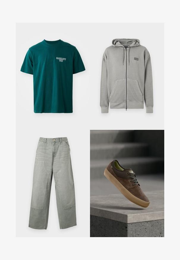 Lichtgrijze zip-up hoodie met voorzakken, trekkoordkap en klein zwart Converse CONS-logo op de linkerborst.; Grove katoen t-shirt in teal met korte mouwen en een ronde hals. Inclusief wit "Carhartt WIP" logo op de linkerborst. Eenvoudig ontwerp, rechte snit.; Loszittende, grijze broek met hoge taille en wijde pijpen, grote opgestikte voorzakken, lussen voor riem en knoopsluiting.; Bruine suède en canvas casual sneaker met beige rubberen zool, veters en geperforeerde neus, gepositioneerd boven een betonnen rand.