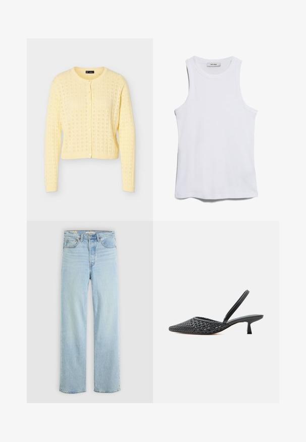 Cárdigan tejido de color amarillo claro con mangas largas, escote redondo, cierre con botones y diseño floral de ojales por todo el tejido.; Top de tirantes blanco con textura acanalada, cuello redondo y sisas amplias. Presenta una textura suave y un dobladillo recto. La etiqueta dice "IVY OAK."; Jeans de denim azul claro con corte recto, que cuentan con cinco bolsillos, un cierre de cremallera clásico y costuras visibles.; Zapato negro tejido con punta puntiaguda y talón bajo tipo kitten, con correa trasera, sobre un fondo claro y liso.