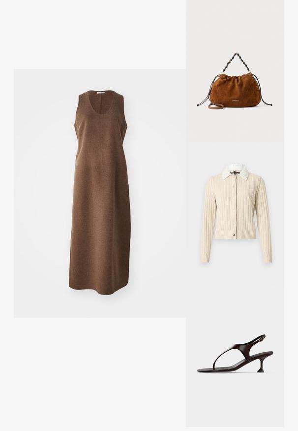 Beige ribstrikket cardigan med lange ærmer, hvid krave med perlebesætning og knaplukning foran mod en ensartet lys baggrund.; Ærmeløs, knælængde brun uldkjole med rund udskæring og en lige, let tætsiddende silhuet.; Mørkebrun laklædersandal med rem bagpå, lille hæl og tårem på hvid baggrund.; Brun ruskindshåndtaske med samlet top, sort perlehåndtag og tynd brun justerbar skulderrem på lys baggrund.
