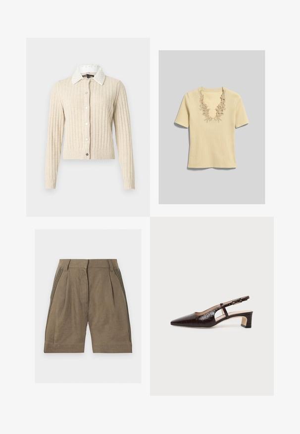 Cardigan beige côtelé à manches longues, col blanc orné de perles, et fermeture boutonnée sur l'avant, sur un fond clair uni.; Haut en maille côtelée crème à manches courtes avec un profond décolleté en V orné de détails en dentelle florale.; Short marron taille haute avec passants de ceinture, plis et détails tressés le long des coutures latérales.; Chaussure slingback en cuir marron foncé à texture crocodile, bout pointu, talon bas bloc et bride ajustable avec boucle dorée.