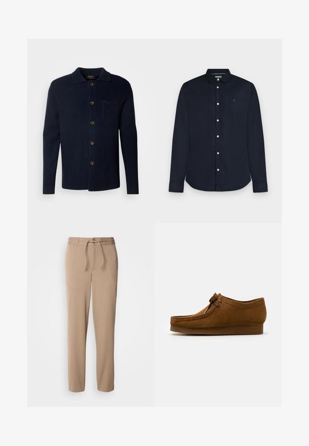 Donker blauwe overhemdd met een gestructureerde stof, voorzien van een kraag, een borstzak en bruine knopen.; Heren lange mouwen marineblauw overhemd met kraag en witte knopen, weergegeven op een lichtgrijze achtergrond.; Beige sweatpants gemaakt van zachte katoen, met een elastische tailleband, trekkoord, slim fit en rechte benen zonder patronen.; Bruine suède schoen met een ronde neus en een lage hak, gedetailleerde stiksels langs de naden en een vetersluiting aan de voorkant. Zachte textuur met een gestroomlijnd ontwerp.