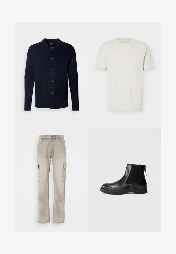 Chemise bleu marine à boutons, en tissu texturé, avec un col, une poche avant et des boutons marron.; T-shirt à manches courtes couleur blanc cassé uni avec col rond et logo discret sur le côté gauche de la poitrine, présenté sur un fond blanc uni.; Pantalons cargo beiges en denim, dotés de deux poches latérales, d'une coupe droite et de coutures visibles. Fini texturé avec un aspect délavé.; Bottine en cuir noir avec une finition lisse, des panneaux latéraux en maille élastique et une semelle robuste avec un motif de crampons visible.