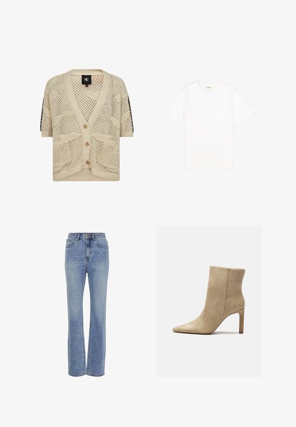 Beige gebreid vest met korte mouwen en vogelprint, drie knopen aan de voorkant, twee zakken en een V-hals.; Witte T-shirt met korte mouwen gemaakt van zacht katoen, met een klassieke ronde halslijn en een glad, ongekleurd oppervlak.; Lichtblauwe denim jeans met een hoge taille, recht gesneden ontwerp, vijf zakken, zichtbare stiksels en een lichte vervaagde textuur.; Zign Enkellaarsjes met hoge hak - beige