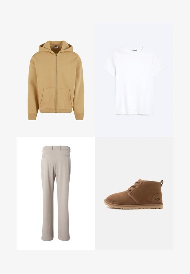 Sudadera con cremallera en un tono marrón claro, que cuenta con capucha, dos bolsillos frontales, puños acanalados y una textura suave.; Camiseta blanca lisa de cuello redondo y manga corta con una etiqueta visible de la marca WEEKDAY en el cuello, mostrada sobre un fondo claro.; Pantalones beige de corte recto mostrados por detrás, con trabillas para cinturón y dos bolsillos de vivo en la cintura.; Bota de ante marrón hasta el tobillo con cordones, suela de goma, lengüeta en el talón y logo de UGG en el lateral, mostrada desde el lado exterior sobre fondo blanco.