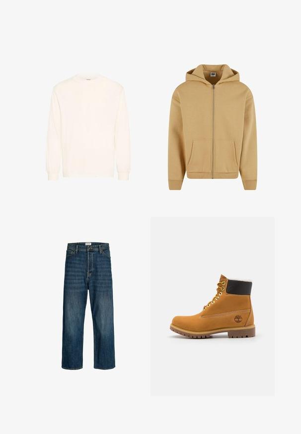 Lynlås hoodie i en lys tan-farve, der har en hætte, to frontlommer, ribbede manchetter og en blød tekstur.; Langærmet skjorte i off-white bomuld med rund hals og elastiske manchetter, der har et minimalistisk design og blød tekstur.; Denim jeans i en mørkeblå vask med lige ben pasform. Funktioner inkluderer en knaplukning, bæltesløjfer og syning accenter.; Brune læder ankelstøvle med metaløjer, hvid pelsforing, sort polstret krave, robust sål og præget logo på siden.