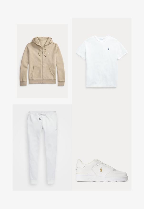 Beige zip-up hoodie met trekkoorden, voorkanten zakken, geribbelde manchetten en een klein wit geborduurd logo op de borst.; Witte katoenen t-shirt met korte mouwen, ronde hals en een klein marineblauw logo op de linkerborst. Glad textuur en klassieke pasvorm.; Witte sweatpants van zacht materiaal, met een tailleband met trekkoord, zijzakken en ribgebreide manchetten. Klein logo op de dij.; Witte lage leren sneaker met witte veters en een gouden Polo Ralph Lauren-logo aan de zijkant en "Polo" in de zool gegraveerd.
