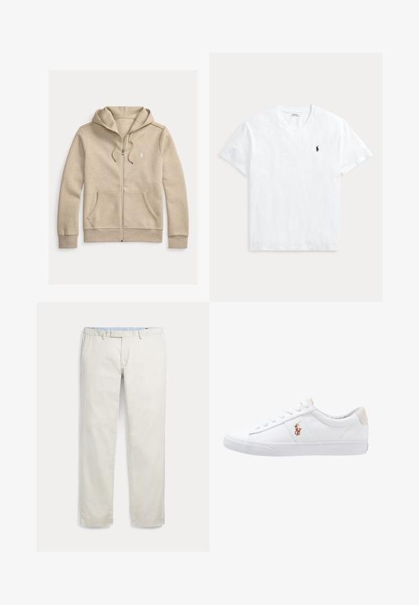 Beige zip-up hoodie met trekkoorden, voorkanten zakken, geribbelde manchetten en een klein wit geborduurd logo op de borst.; Wit T-shirt met V-hals en korte mouwen met een klein marineblauw Polo Ralph Lauren paardenlogo op de linkerborst.; Licht beige herenbroek met rechte pijpen, riemlussen en zijzakken, plat weergegeven op een witte achtergrond.; Witte canvas sneakers met een laag ontwerp, featuring een beige hieltab en een klein geborduurd logo aan de zijkant. Rubber zool.