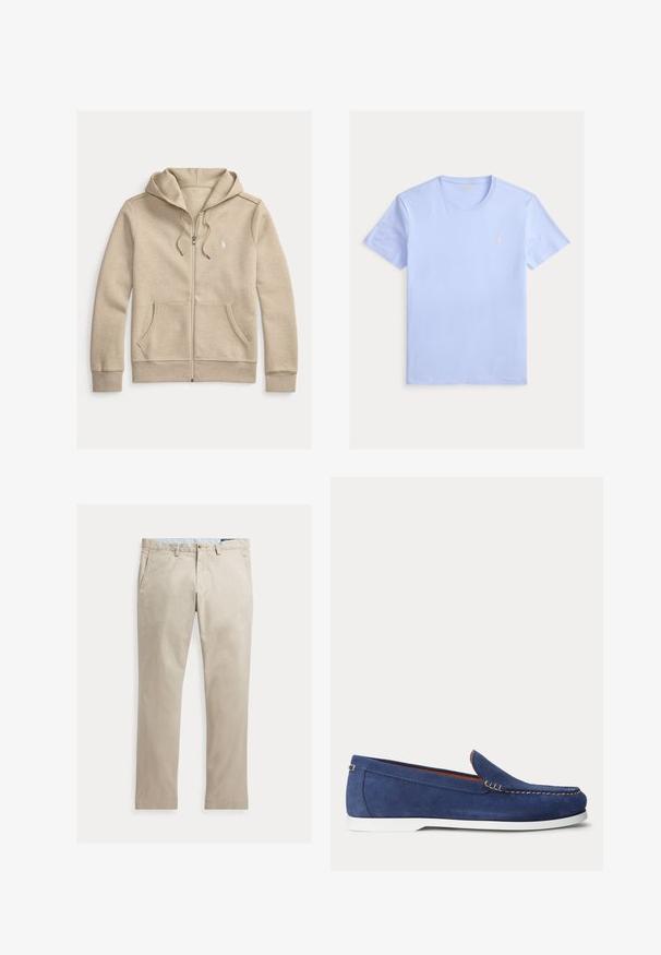 Beige sweatjakke med lynlås, snore, forlommer, ribbet manchetter og en lille hvid broderet logo på brystet.; Lyseblå T-shirt med rund hals og korte ærmer med lille pink broderet logo på venstre bryst, lagt fladt på hvid baggrund.; Beige bomuldsbukser med lige ben, forlommer, bæltestropper, knaplukning og lynlås, lagt fladt på en hvid baggrund.; Blå ruskindsloafer med hvid sål og beige syninger langs den øverste kant vist mod en ensfarvet hvid baggrund.