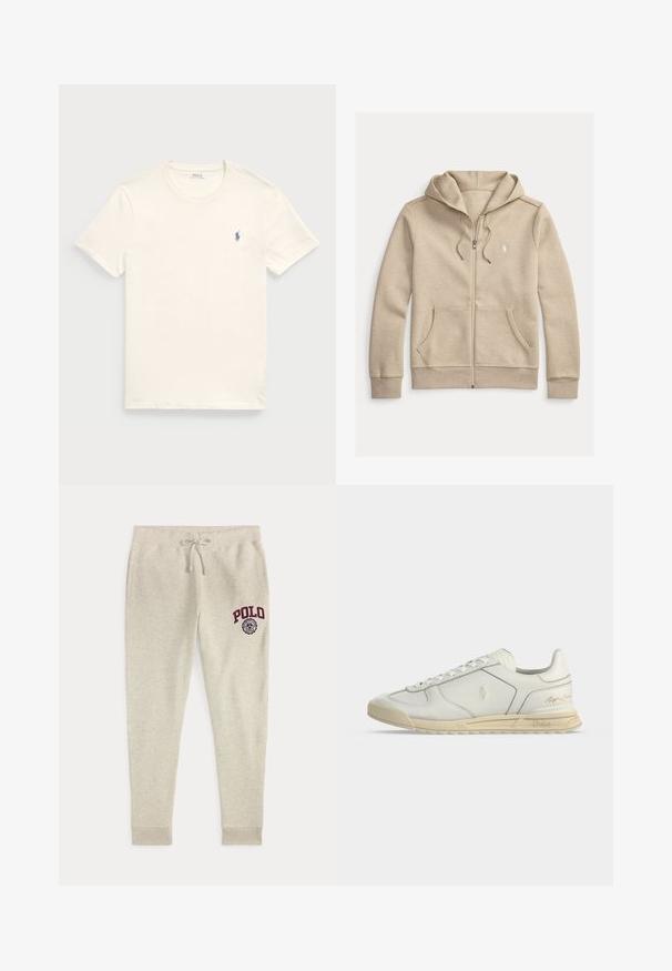 Beige sweatjakke med lynlås, snore, forlommer, ribbet manchetter og en lille hvid broderet logo på brystet.; Kræmfærdig bomulds t-shirt i kremfarve med rund hals og korte ærmer. Har et lille blåt broderet logo på venstre bryst.; Beige joggingbukser med snøre og sidelommer samt rød "POLO" logo og emblem på øverste venstre lår.; Hvid lavtop lædersneaker med beige sål, snørebånd foran og Polo Ralph Lauren logoer prægede på siden og hælen.