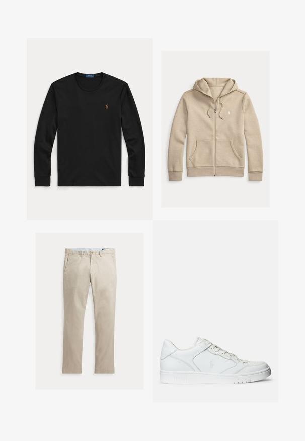 Beige zip-up hoodie met trekkoorden, voorkanten zakken, geribbelde manchetten en een klein wit geborduurd logo op de borst.; Zwarte lange mouwen shirt met ronde hals en klein geborduurd Polo Ralph Lauren-logo op de linkerborst.; Beige katoenen broek met rechte pijpen, voorzakken, riemlussen, knoopsluiting en ritssluiting, plat liggend op een witte achtergrond.; Witte leren sneaker met een gladde textuur, voorzien van een geperforeerde neus, vetersluiting en geborduurde logo aan de zijkant. Witte rubberen zool.