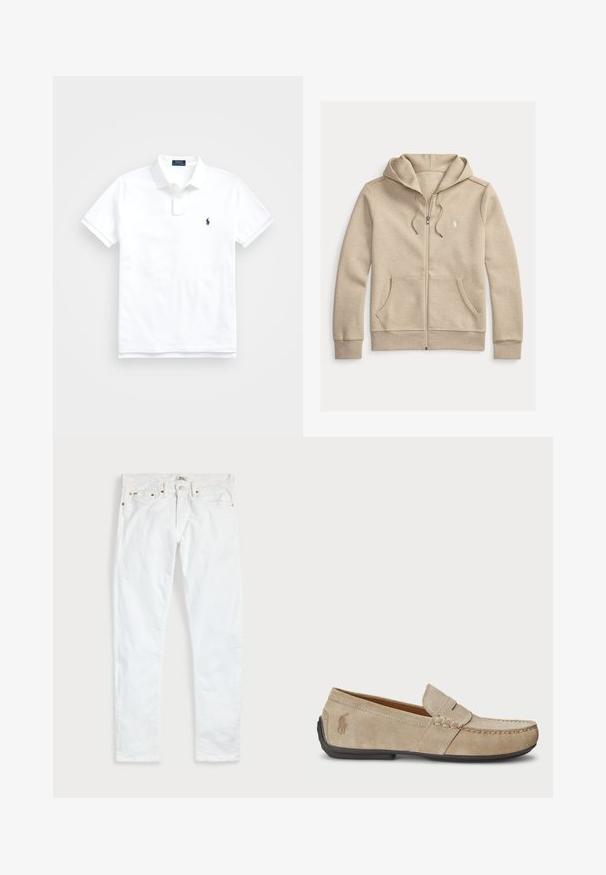 Beiger Kapuzenpullover mit Reißverschluss, Kordelzug, Fronttaschen, gerippten Bündchen und einem kleinen weißen gestickten Logo auf der Brust.; Weißes Poloshirt mit kurzen Ärmeln, Kragen und zwei Knöpfen, mit kleinem dunkelblau besticktem Logo auf der linken Brust.; Weiße Slim-Fit-Jeans mit fünf Taschen, Knopfverschluss und Gürtelschlaufen, flach auf einem schlichten hellen Hintergrund ausgelegt.; Beige Wildleder Slipper mit gesticktem Detail, flacher Gummisohle und kleinem Logo an der Seite. Klassisches Slip-On-Design, weicher Textur.
