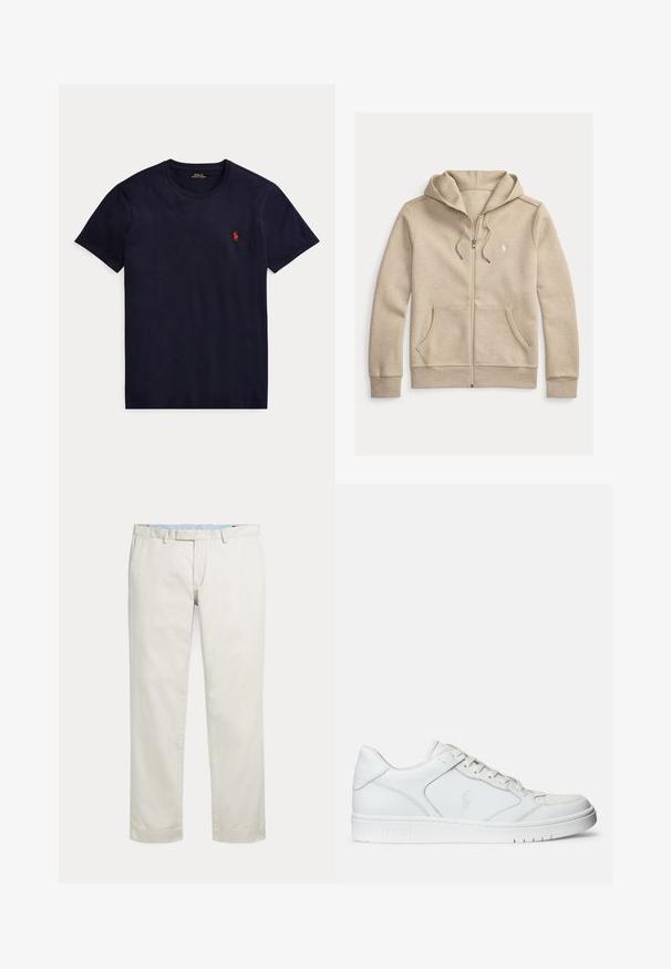 Beige sweatjakke med lynlås, snore, forlommer, ribbet manchetter og en lille hvid broderet logo på brystet.; Marineblå t-shirt med korte ærmer og rund hals med lille rødt Polo Ralph Lauren-logo på venstre bryst.; Kremfarvede bukser med lige ben, bæltestropper og skjult inderstik foran på en ensfarvet baggrund.; Hvide lædersneakers med en glat tekstur, der har en perforeret tå, snørebåndslukning og broderet logo på siden. Hvid gummisål.