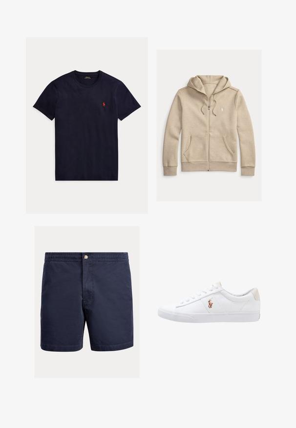 Beige sweatjakke med lynlås, snore, forlommer, ribbet manchetter og en lille hvid broderet logo på brystet.; Marineblå t-shirt med korte ærmer og rund hals med lille rødt Polo Ralph Lauren-logo på venstre bryst.; Marineblå shorts lavet af letvægtsstof, med knaplukning, elastisk linning og et enkelt, strømlinet design.; Hvide kanvas sneakers med lågtop design, prydet med en beige hælkappe og et lille broderet logo på siden. Gummisål.