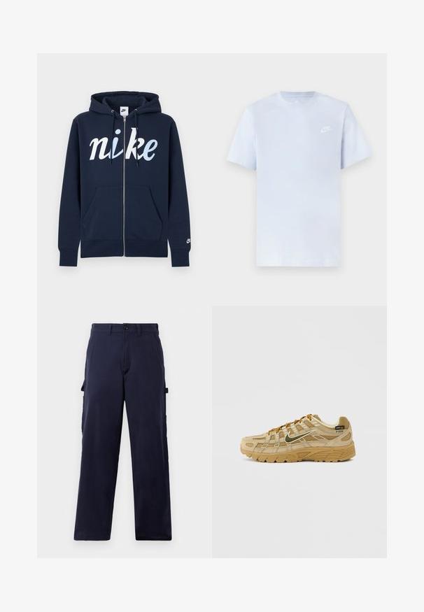 Marineblå lynlåshættetrøje lavet af en bomuldsblanding, med en stor hvid "nike"-logo, forlommer og snøre i hætten. Blød tekstur.; Lyseblå bomulds t-shirt med korte ærmer, rund hals og et hvidt Nike-logo trykt på venstre bryst. Glat tekstur, simpelt design.; Mørkeblå straight-leg bukser med bæltestropper, front knappetryk og sidelommer til redskaber, præsenteret mod en hvid baggrund.; Beige sportssko med struktureret ruskind og meshpaneler, kontrasterende brune snørebånd og en robust gummisål. Har et fremtrædende logo.