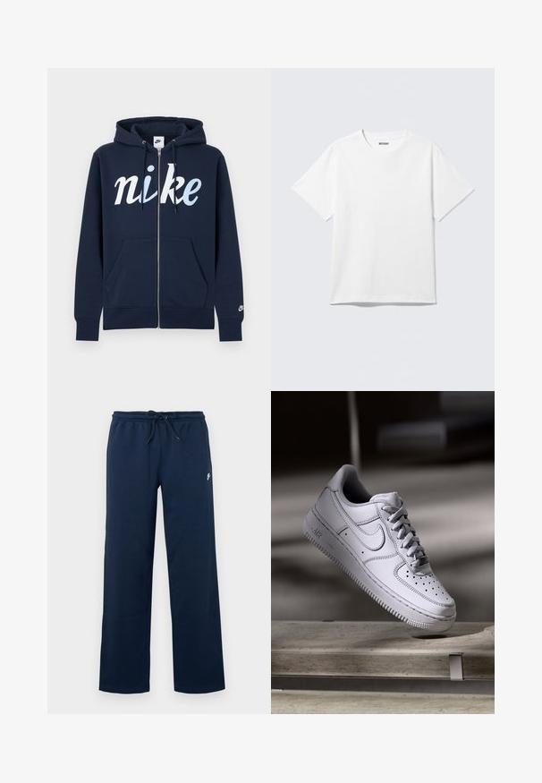 Marineblå lynlåshættetrøje lavet af en bomuldsblanding, med en stor hvid "nike"-logo, forlommer og snøre i hætten. Blød tekstur.; Hvid kortærmet crewneck T-shirt lagt fladt ud, ensfarvet design, med "WEEKDAY" mærkat inde i kraven på en lys baggrund.; Mørkeblå joggingbukser med elastisk taljebånd og snøre. Har en lille hvid logo på venstre hofte. Lavet af blødt stof.; Hvid læder Nike Air Force 1 sneaker med perforeret tå, flade snørebånd og tekstureret gummisål med "AIR" branding på siden.