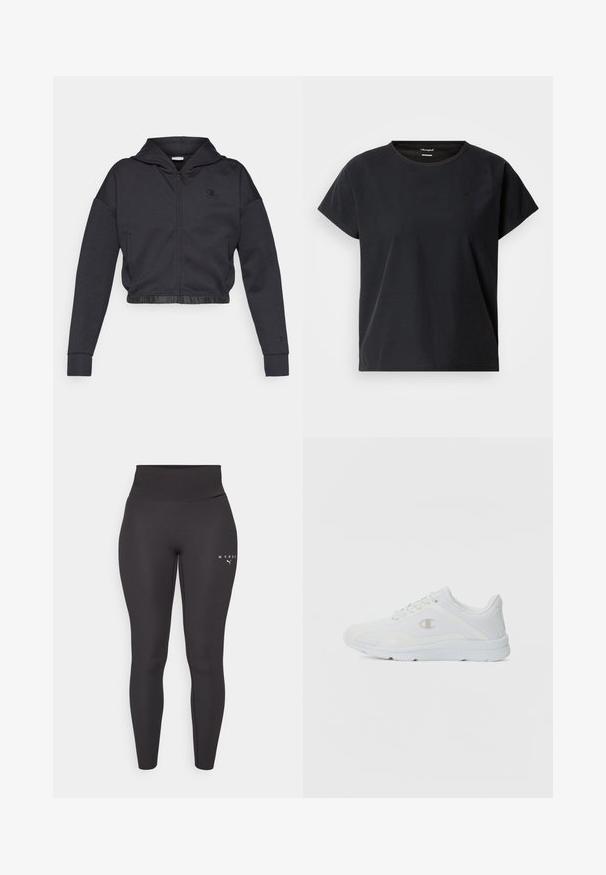 Gekorte zip-up hoodie in donkergrijze katoenmengeling met een gladde afwerking. Voorzien van een capuchon, elastische zoom en een klein logo op de borst.; Zwart sport-T-shirt met korte mouwen en ronde hals, gemaakt van getextureerde stof, met een subtiel logo aan de voorkant.; Zwarte sportleggings van rekbaar materiaal, met een hoge tailleband en subtiele logo-opdruk aan de linkerpijp. Gladde textuur.; Witte sportieve schoenen met een gestructureerde mesh bovenkant, gevoerde kraag en een contrasterend logo aan de zijkant. Beschikt over een lichtgewicht rubberen zool.