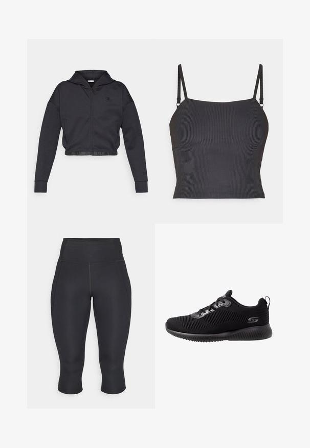 Sweat à capuche zippé court en mélange de coton gris foncé avec une finition lisse. Il est doté d'une capuche, d'un ourlet élastique et d'un petit logo sur la poitrine.; Camisole noire côtelée avec des bretelles fines et réglables et un design ajusté, présentant une texture lisse et un décolleté droit.; Leggings capri noirs en tissu extensible. Conception taille haute avec coutures latérales et ourlet fini, texture lisse, sans motifs visibles.; Baskets de sport noires avec un dessus en tricot texturé, design à lacets, col rembourré et semelle en caoutchouc coussinée avec un détail strié.