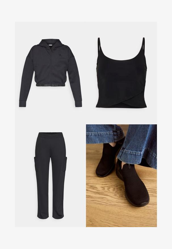 Sudadera corta con cremallera en una mezcla de algodón gris oscuro con acabado suave. Cuenta con capucha, dobladillo elástico y un pequeño logo en el pecho.; Even&Odd active by Zalando Top - black; Pantalones deportivos negros con cinturilla elástica, dos bolsillos laterales y un ajuste relajado. Hechos de material suave y elástico, con una textura mínima.; Zapatos negros sin cordones con parte superior de punto texturizado y abertura elástica. Tienen una forma de puntera redondeada y una suela baja con amortiguación, usados con un dobladillo de mezclilla.