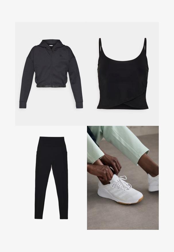 Sweat à capuche zippé court en mélange de coton gris foncé avec une finition lisse. Il est doté d'une capuche, d'un ourlet élastique et d'un petit logo sur la poitrine.; Even&Odd active by Zalando Débardeur - black; Leggings noirs avec une taille haute côtelée, un design sans coutures, des poches latérales et une texture lisse sur toute la surface.; Chaussure de sport blanche avec une tige en maille, semelle en caoutchouc et un design à trois bandes. Les lacets sont en train d'être ajustés ; des vêtements gris clair et vert menthe sont visibles.
