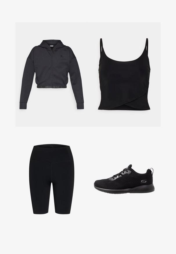 Gekorte zip-up hoodie in donkergrijze katoenmengeling met een gladde afwerking. Voorzien van een capuchon, elastische zoom en een klein logo op de borst.; Even&Odd active by Zalando Top - black; Zwarte, rekbare shorts met een hoge taille en knielengte, uitgevoerd met platte naden, ontworpen voor sportkleding of casual gebruik.; Zwarte sportieve schoenen met een textuur gebreide bovenkant, vetersluiting, gewatteerde kraag en een gevoerde rubberen zool met geribbelde details.