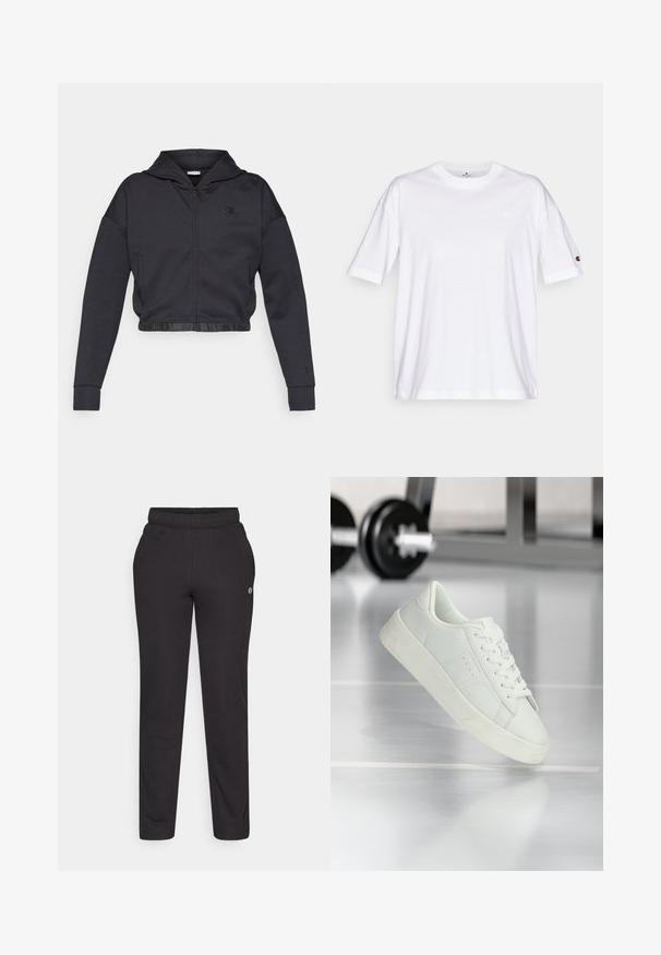 Gekorte zip-up hoodie in donkergrijze katoenmengeling met een gladde afwerking. Voorzien van een capuchon, elastische zoom en een klein logo op de borst.; Wit katoenen T-shirt met een ronde hals, korte mouwen en een klein logo op de linkerborst. Soepele textuur, standaard pasvorm.; Zwarte sweatpants van zachte stof, met een elastische tailleband, rechte benen en een klein logo aan de zijkant.; Witte sneaker met veters die boven een sportschoolvloer zweeft, met halterschijven en fitnessapparatuur wazig op de achtergrond.