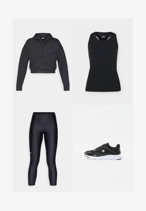 Gekorte zip-up hoodie in donkergrijze katoenmengeling met een gladde afwerking. Voorzien van een capuchon, elastische zoom en een klein logo op de borst.; Zwarte mouwloze sporttanktop met ronde halslijn en racerback-ontwerp, getoond op een effen lichte achtergrond.; Zwarte leggings van glad, rekbaar materiaal. Hoog ingezette taille met een nauwsluitende pasvorm en een klein logo op het linkerpedaal.; Zwarte sport schoenen met een bovenwerk van mesh, een witte rubberen zool en een tonale logo op de zijkant. Gekenmerkt door een vetersluiting met een gevoerde kraag voor extra ondersteuning.