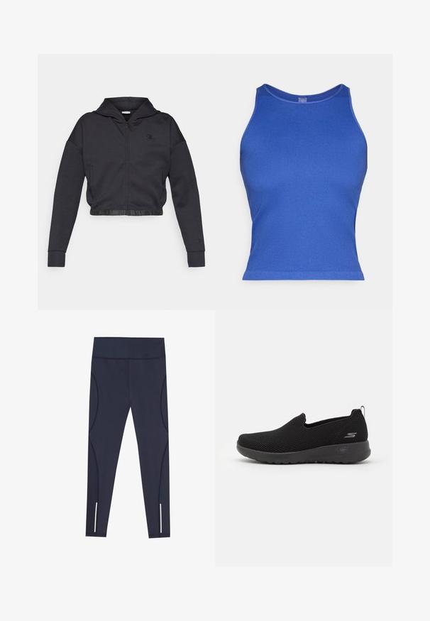 Sweat à capuche zippé court en mélange de coton gris foncé avec une finition lisse. Il est doté d'une capuche, d'un ourlet élastique et d'un petit logo sur la poitrine.; Débardeur bleu à côtes avec un design ajusté, encolure ronde et sans manches. Tissu lisse avec un léger éclat, sans logos ou motifs visibles.; Leggings bleu marine en tissu extensible, dotés d'une taille haute et de coutures latérales arrondies, avec des accents réfléchissants au niveau des ourlets des chevilles.; Baskets noires à enfiler en matériau maillé respirant, présentant un dessus texturé, une semelle rembourrée et un petit logo sur le côté.