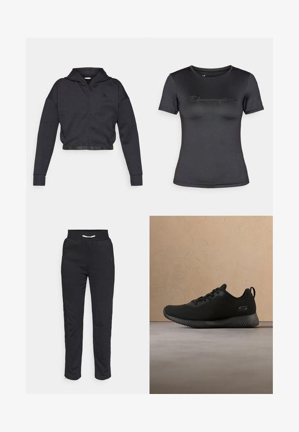 Sudadera corta con cremallera en una mezcla de algodón gris oscuro con acabado suave. Cuenta con capucha, dobladillo elástico y un pequeño logo en el pecho.; Camiseta negra de manga corta hecha de tela suave, con un sutil logo en relieve de "Champion" en el pecho, y cuello redondo.; Pantalones deportivos negros de tejido suave, con una cinturilla acanalada y franjas laterales, y un zipper en el dobladillo para un ajuste ajustable.; Zapatillas deportivas negras con parte superior texturizada, punta redonda y cordones. Cuenta con una suela acolchada y una pestaña en el talón para facilitar su uso.